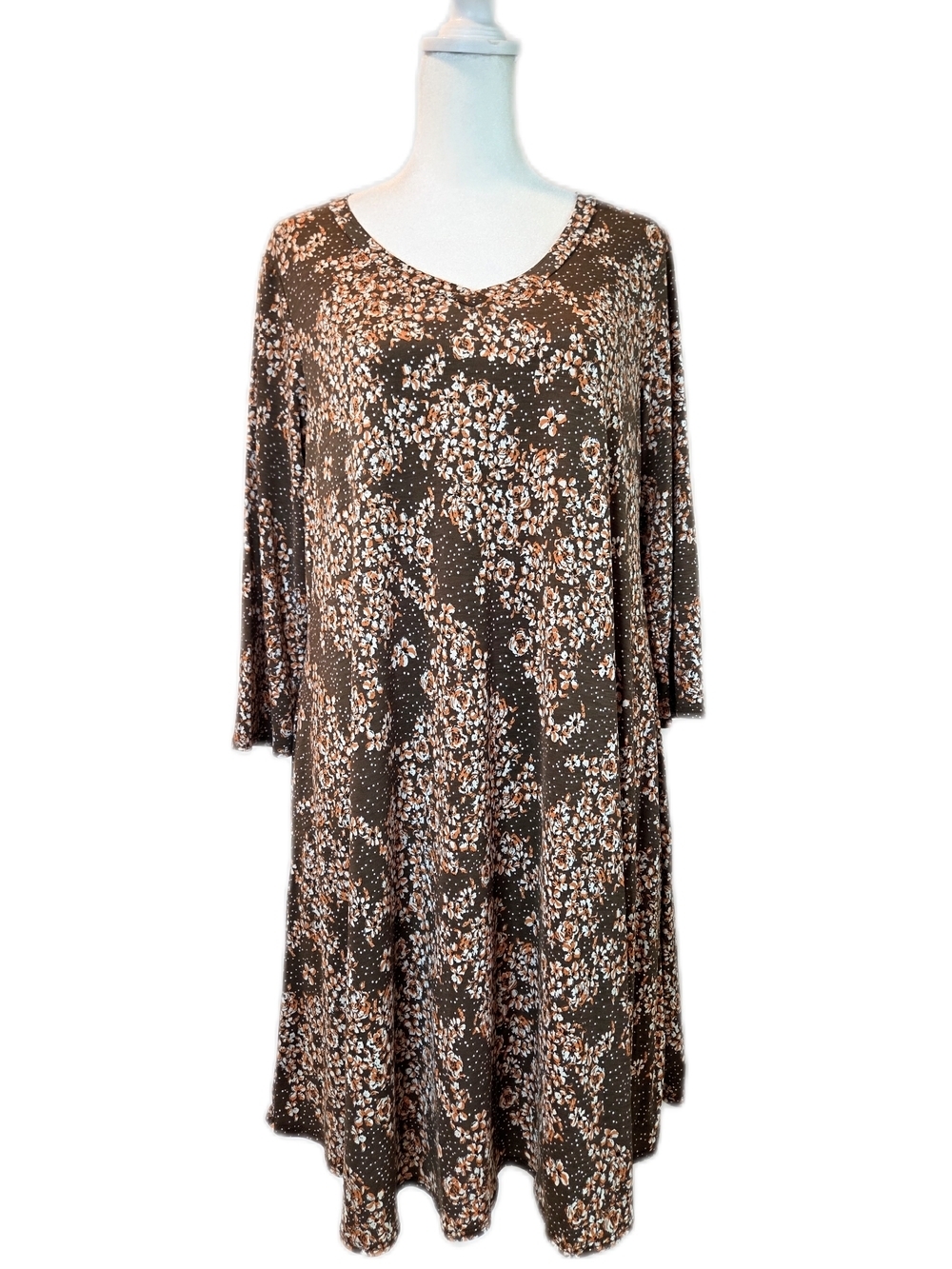 Brown Floral Swing Dress 3/4 Sleeve